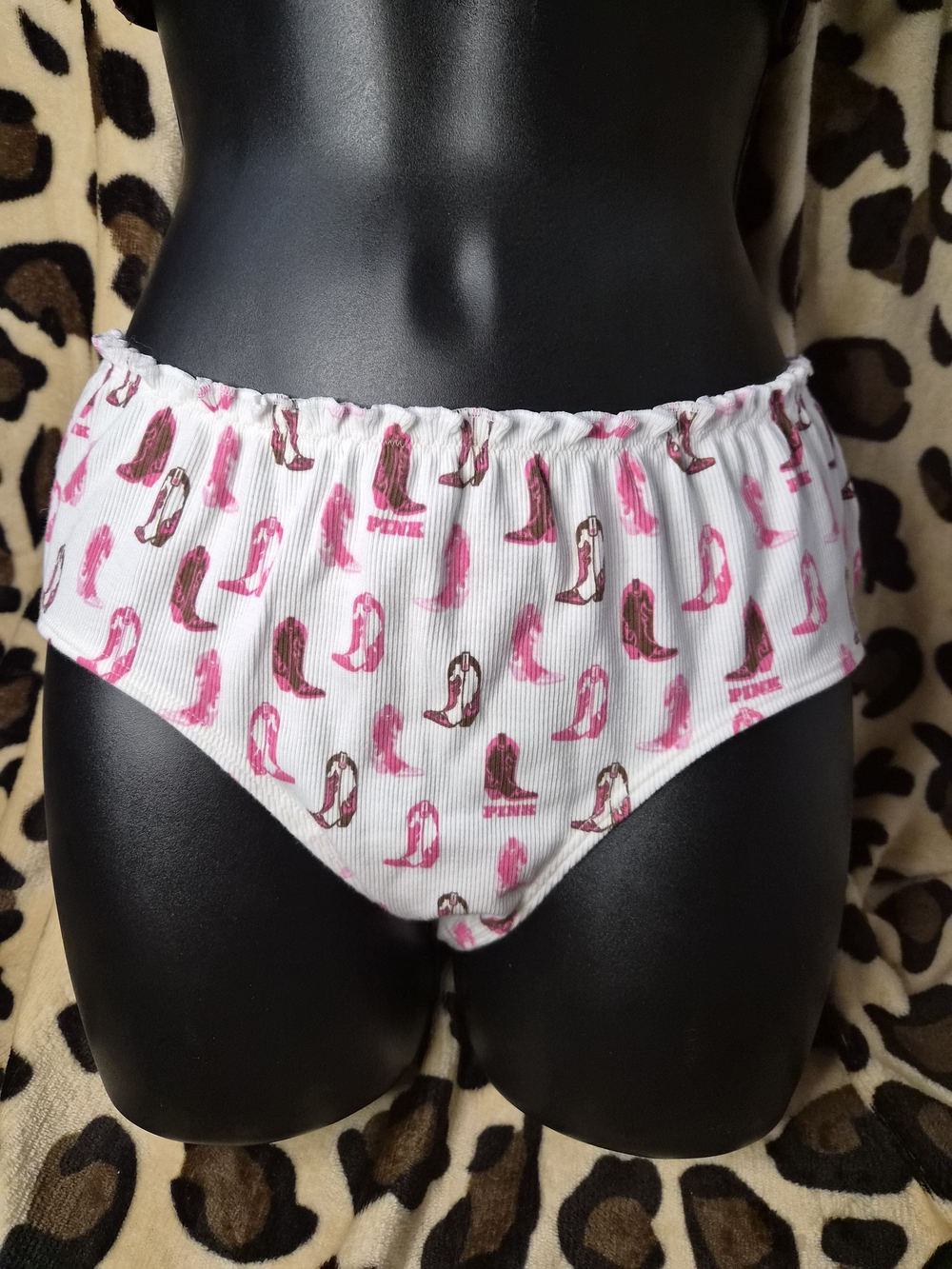 PINK Victoria's Secret White Briefs with Pink and Brown Boot Print